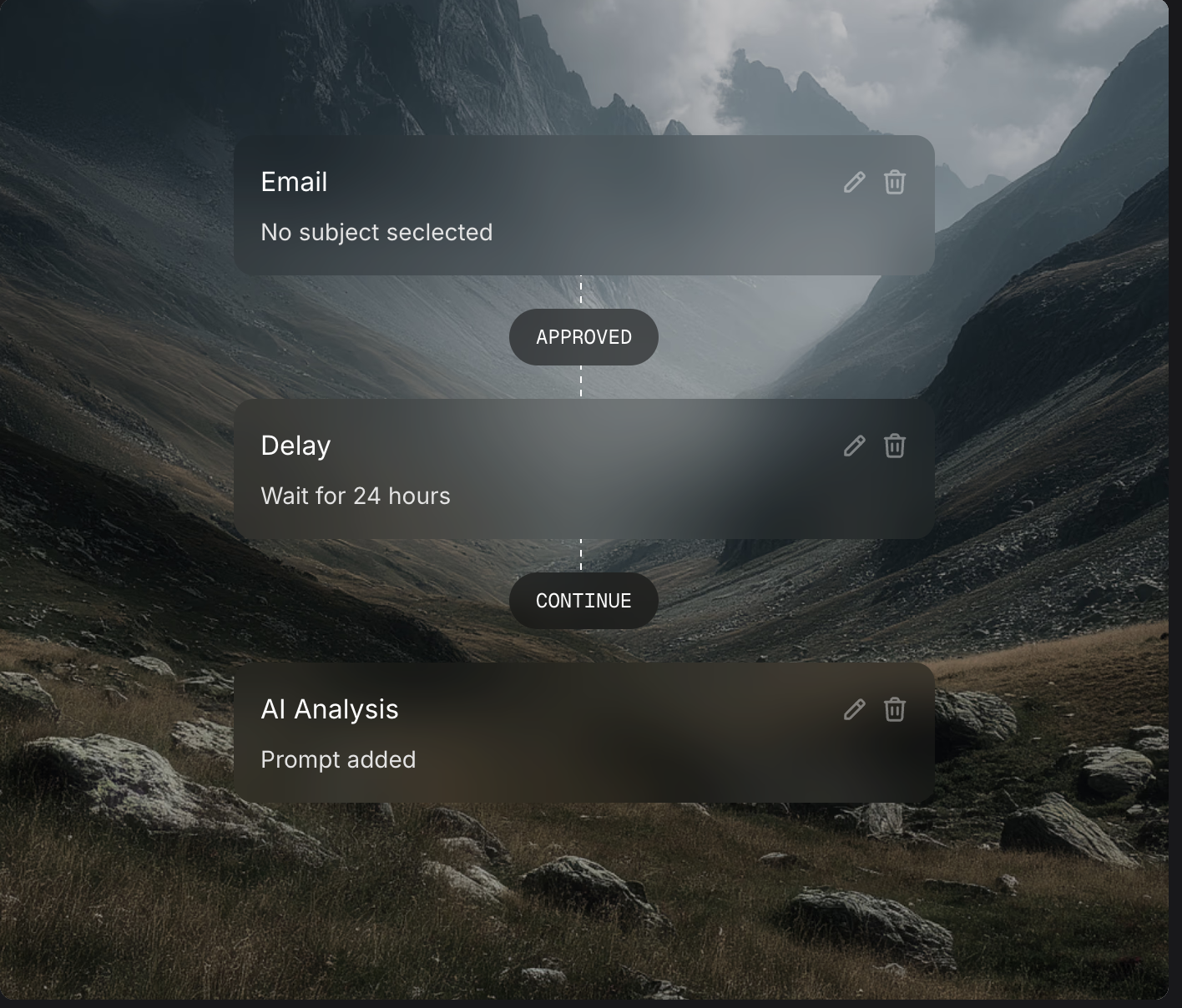 Workflow builder over mountain valley